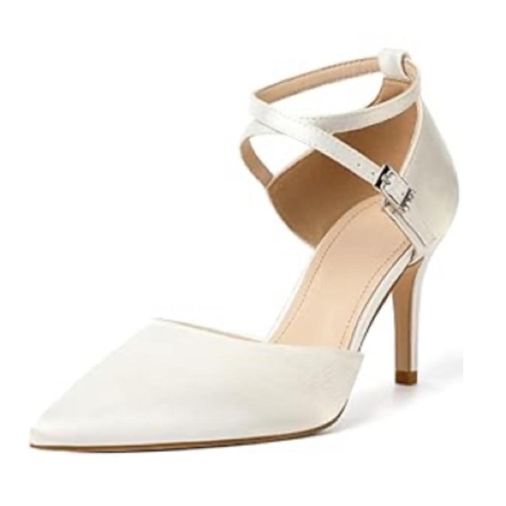Ankle strap satin white ivory wedding heels